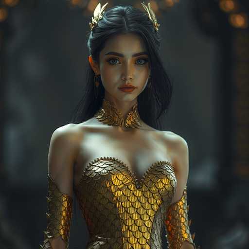 A woman with long dark hair is the central figure in this image. She is wearing a gold dress that features intricate designs and patterns on the bodice and skirt. The woman's face is partially obscured by her hair, but she has striking blue eyes and a radiant smile. The background of the image is dark and out of focus, drawing attention to the woman as the main subject.