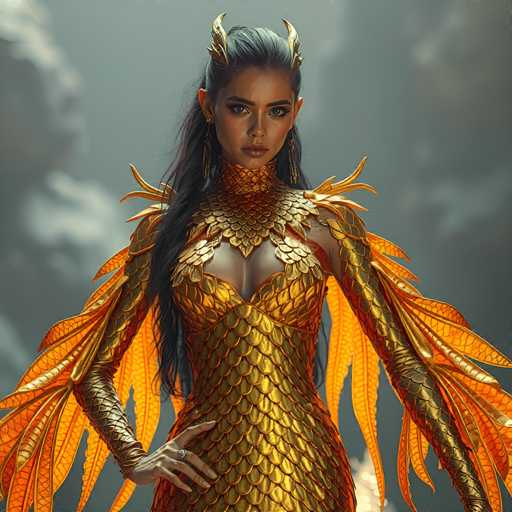 A woman is standing against a gray background with her arms crossed and hands on her hips. She is wearing an ornate gold dress that features intricate designs of scales and feathers, giving it the appearance of a dragon or mythical creature. The woman's hair is styled in loose waves, adding to the overall fantasy-like atmosphere of the image.