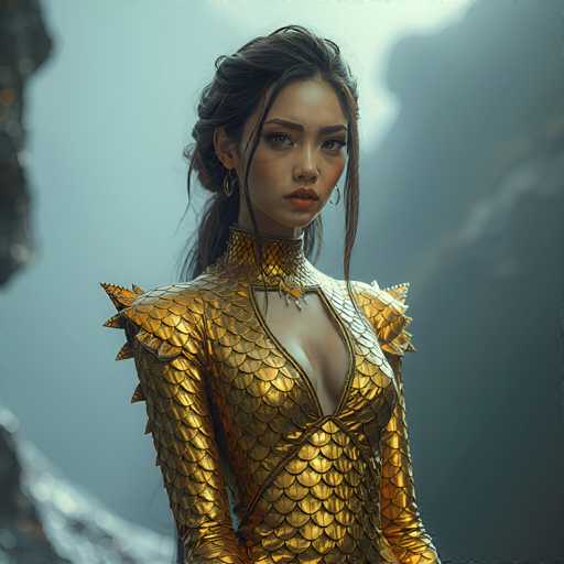 A young woman with long brown hair is standing against a backdrop of a rocky cliff face and a cloudy sky. She is wearing a gold dress that features a unique design resembling scales or fish skin. The woman's gaze is directed straight at the camera, creating an engaging visual connection between her and the viewer.