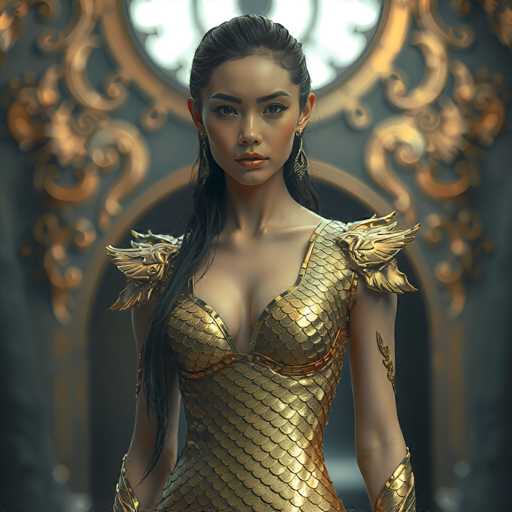 A woman with long dark hair is standing in front of a large window adorned with gold designs and intricate patterns. She is wearing a gold dress that features scales on the bodice and a corset-like top. The background is black, which contrasts with her golden attire and accentuates her presence.