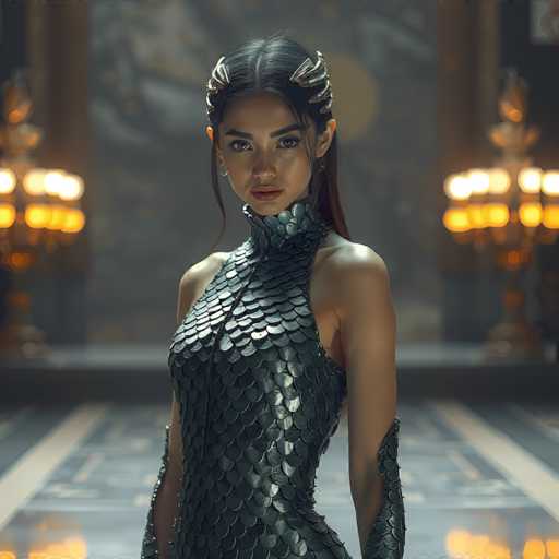 A woman is standing in front of a large painting on a wall with gold accents and a black background. She is wearing a dress that has scales printed on it, giving her an ethereal appearance. The woman's hair is styled in a high ponytail, adding to the overall regal look she exudes.
