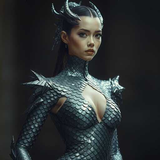 A woman is standing against a dark background with her hair styled in an intricate updo and adorned with large silver horns that resemble dragon heads. She is wearing a futuristic-looking dress made of shiny silver fabric that has scales on it, giving the impression of a metallic or alien-like appearance. The image does not contain any discernible text.