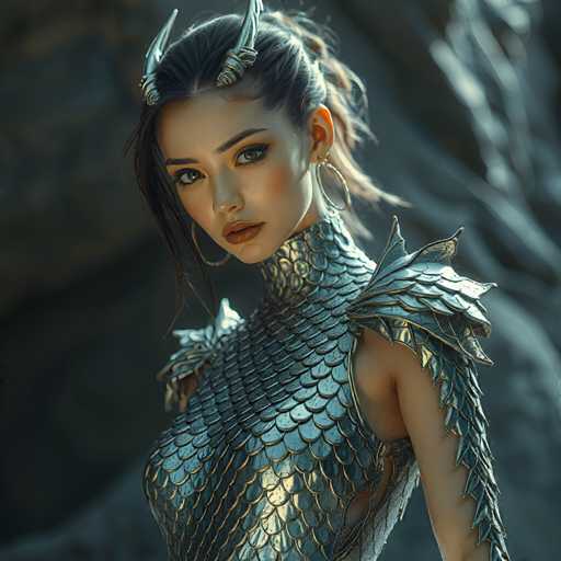 A young woman with long dark hair is the central figure in this image. She is wearing a silver dragon costume that includes a corset and wings, giving her an imposing appearance. The background features a rocky cliff face, adding to the overall dramatic effect of the scene.