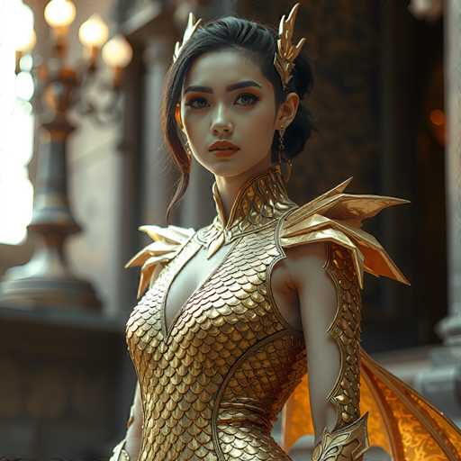 A woman is standing against a backdrop of an ornate building with gold accents and intricate designs. She is wearing a golden dress that features a dragon design on the bodice and wings, which adds to her regal appearance. The woman has dark hair styled in an updo and is wearing earrings.