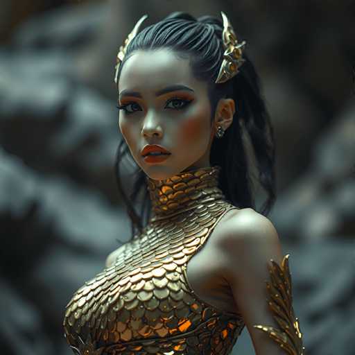 A woman with long dark hair is wearing a gold and black outfit that includes a headpiece adorned with gold leaves on her forehead. The background features a gray rock wall, suggesting an outdoor or natural setting.