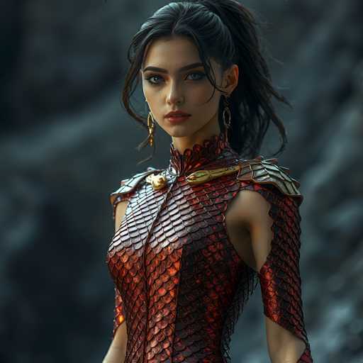 A woman with long dark hair is standing against a backdrop of a rocky cliff face and a waterfall. She is wearing a red dress that features snake skin-like patterns on the sleeves and neckline, giving it an ethereal appearance. The woman's gaze is directed straight at the camera, creating a sense of connection between her and the viewer.