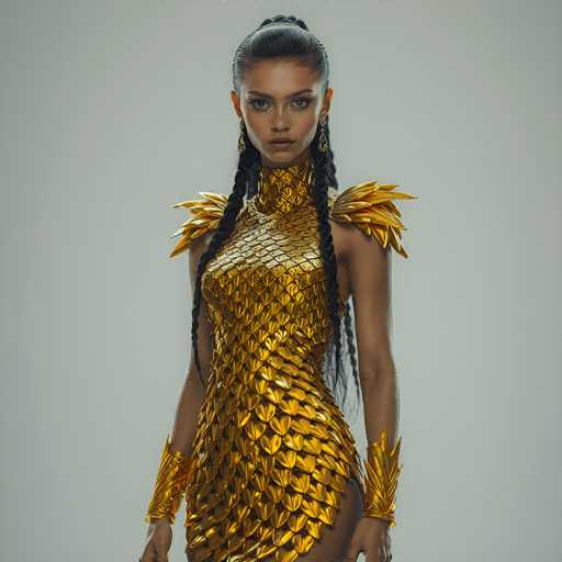 A woman is standing against a white background wearing a gold dress with intricate designs and metallic accents that shimmer under the light. The dress features a high neckline and long sleeves, adding to its elegance. She has her hair styled in two braids and is wearing earrings that complement her outfit.
