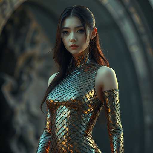 A young woman with long brown hair is standing in front of a large stone archway that has intricate carvings on it. She is wearing a metallic dress with a snake skin pattern and high heels. The image is taken from the side, making her face the focal point.