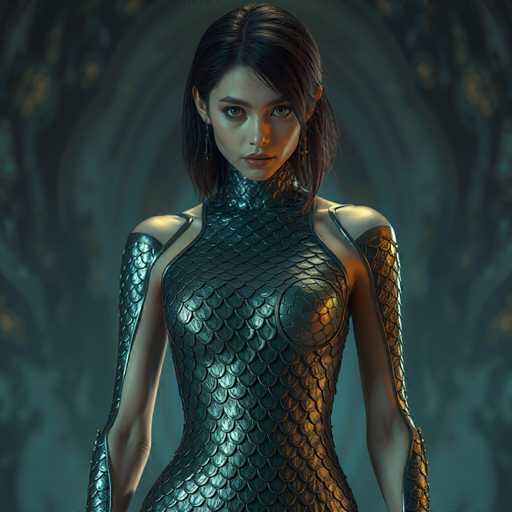 A woman is standing against a dark green background with her arms crossed and looking directly at the camera. She is wearing a futuristic-looking dress that has scales on it, giving it an otherworldly appearance. The dress appears to be made of metal or some sort of shiny material, which contrasts with the dark surroundings.
