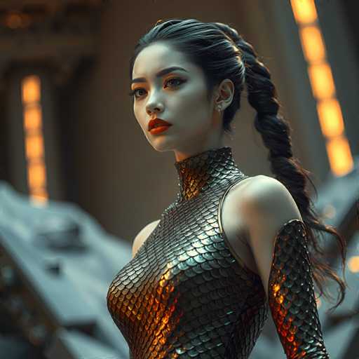 A young woman with long dark hair styled into a fishtail braid stands against the backdrop of a futuristic cityscape. She is wearing a black and gold sequined top that reflects light in an ethereal manner. The city around her is illuminated by bright orange lights, creating a surreal atmosphere.