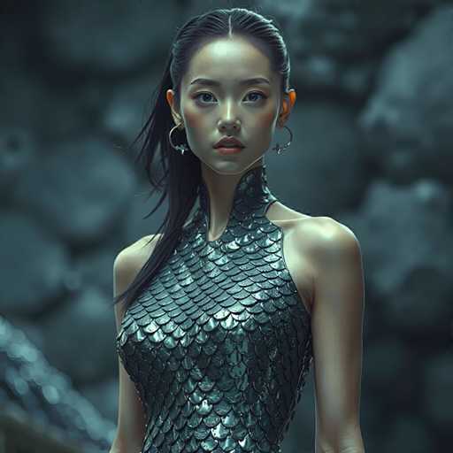 A woman with long dark hair is standing against a backdrop of large rocks and trees. She is wearing a dress that features a metallic sheen, giving it an ethereal quality. The woman's gaze is directed off to the side, and her expression appears serious.