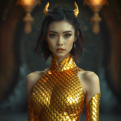 A woman with long dark hair is wearing a gold dress that features scales on the bodice and a corset-like top. She has her arms crossed over her chest and is looking directly at the camera. The background includes a dark room with a chandelier hanging from the ceiling, creating an atmospheric setting for the image.