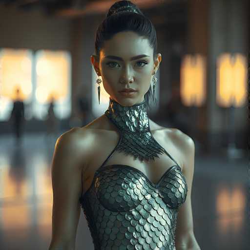 A woman is standing in front of a mirror wearing a silver fishnet dress with a high neckline and corset. She has her hair styled in an updo and is looking directly at the camera with a serious expression on her face. The background features a large window that allows natural light to illuminate the room, creating a warm and inviting atmosphere.
