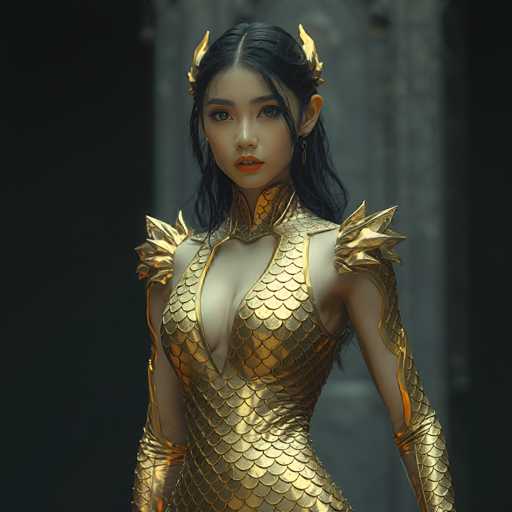 A woman with long dark hair is standing against a black background and wearing a gold fish-shaped dress that features intricate golden scales on the bodice and sleeves. The dress has a plunging neckline and cinched waist, accentuating her figure. She is looking directly at the camera with an air of confidence and elegance.
