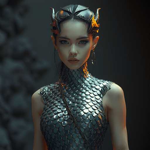 A young woman with striking blue eyes and a unique silver fish-scale patterned dress stands against a dark background, her gaze directed straight at the camera.