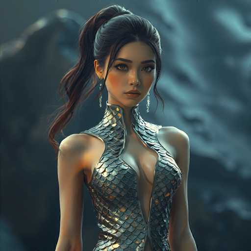 A woman with long brown hair is standing against a dark blue background that features a mountain range and clouds. She is wearing a silver dress with a fish-scale pattern on the bodice and skirt, which adds an element of fantasy to her appearance. The woman's gaze is directed straight at the camera, creating a sense of connection between the viewer and the subject.