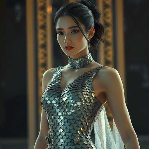 A woman is standing against a black background with her back facing the camera. She is wearing a silver dress that features a metallic sheen and a choker necklace. The dress has a high neckline and a slit on the side, adding to its unique design. The woman's hair is styled in an updo, and she is looking directly at the camera with a serious expression.
The background includes a gold door frame and a window, which adds an element of opulence to the scene.