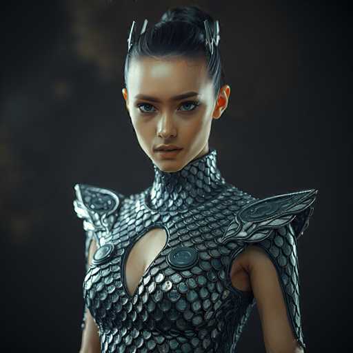 A woman is standing against a black background with her head tilted slightly to the left and looking directly at the camera. She is wearing a futuristic-looking dress made of small silver circles that cover most of her body, giving it an otherworldly appearance. The dress has a high neckline and cuffs, adding to its futuristic aesthetic.