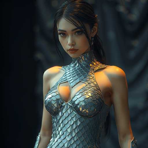 A woman with long dark hair is standing against a black background and wearing a silver fishnet dress that features a metallic sheen. The dress has a high neckline and cinched waist, giving it an elegant and futuristic appearance.