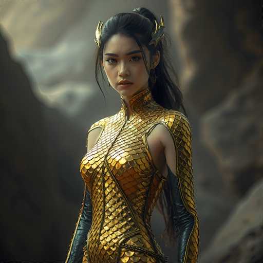 A young woman with long dark hair is standing against a backdrop of rocky mountains and trees. She is wearing a gold dress that features scales on the bodice and a tail at the back. The woman's gaze is directed straight at the camera, creating an engaging visual connection between her and the viewer.