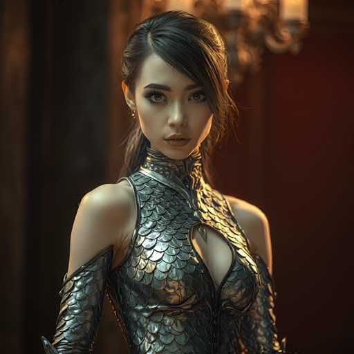 A woman with long dark hair is standing against a red wall and wearing a silver dress with a fish-scale pattern on the bodice.
