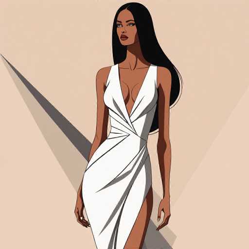 The image depicts a woman wearing a white dress with a high neckline and long sleeves. The dress has a wrap-style design that accentuates her figure. She is standing against a light beige background, which contrasts with the white of her dress and highlights her presence in the scene.