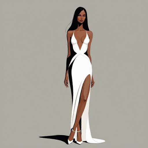 The image depicts a woman wearing a white dress with a deep V-neckline and split skirt. She is standing against a gray background, which contrasts with her white attire. The woman's pose suggests she is posing for the photo.