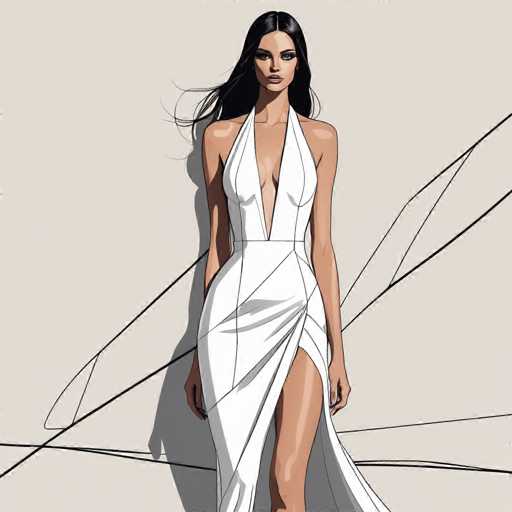 The image depicts a woman wearing a white dress with a halter neckline and skirt. The background is a light beige color, providing a neutral backdrop that allows the focus to remain on the woman's attire. The woman appears to be standing against this background, possibly in an indoor setting such as a studio or fashion show.