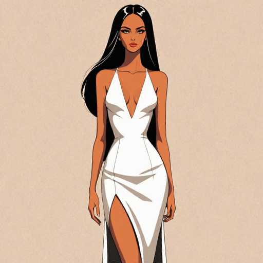The image depicts a woman wearing a white dress with a deep V-neck and long sleeves. The dress has a high slit on the side that adds an elegant touch to her outfit. She is standing against a beige background, which contrasts nicely with her white attire. The woman's pose suggests she is posing for the photo, possibly in front of a mirror or during a fashion shoot.