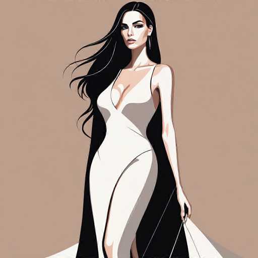 The image depicts a woman wearing a white dress with a black belt and long sleeves. She is standing against a light brown background, facing the camera directly. The woman's hair is styled in loose waves, adding to her elegant appearance.