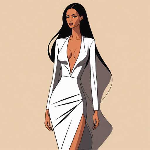 The image depicts a woman wearing a white dress with a deep V-neckline and long sleeves. The background is a light beige color that contrasts with the woman's outfit. She stands confidently against this backdrop, her gaze directed towards something off to the side.