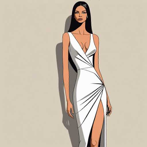 The image depicts a woman wearing a white dress with a deep V-neck and a slit on the side of her dress. The background is a light beige color that contrasts with the woman's dress, making it stand out. The woman is standing against this backdrop, facing towards the camera.