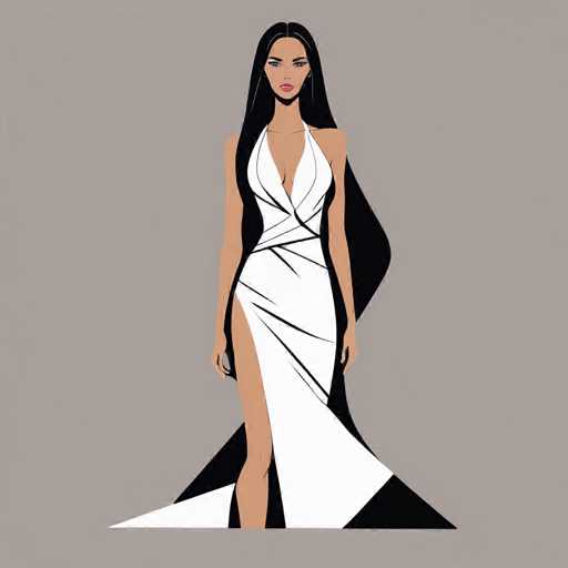 The image depicts a woman wearing a white dress with a halter neckline and long sleeves. The dress is designed with a split waist, featuring a black and white pattern on the skirt that adds visual interest to her outfit. She stands confidently against a gray background, showcasing her elegant attire.