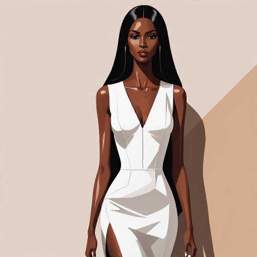 The image depicts a woman wearing a white dress with a deep V-neck and long sleeves. She is standing against a light beige background, which contrasts with her dark hair. The woman's pose suggests she is posing for the photo, possibly in front of a mirror or a photographer.