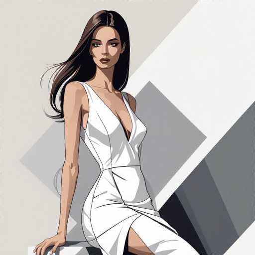 The image depicts a woman wearing a white dress with a plunging neckline and split skirt. She is sitting on a chair against a gray wall, which serves as the backdrop for her pose. The woman's hair is styled in loose waves that fall over her shoulders, adding to the overall elegance of the scene.