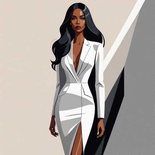 The image depicts a woman wearing a white dress with a high slit and holding a black purse. The background is a light beige color that contrasts with the woman's outfit.