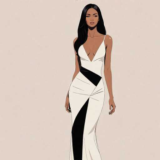 The image depicts a woman wearing a white dress with black stripes down the side and a plunging neckline. The woman is standing against a light beige background, which contrasts with her dark hair and skin tone.