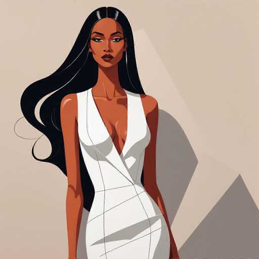 The image depicts a woman wearing a white dress with a plunging neckline and long sleeves. She has her hair styled in loose waves that fall over her shoulders. The background is a light beige color, which contrasts with the dark brown hues of the woman's dress.