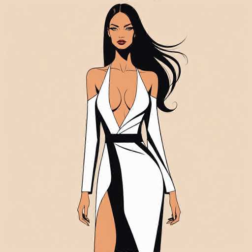 The image depicts a woman wearing a white dress with black stripes and high-waisted pants. She is standing against a beige background, facing the camera directly. The woman's hair is styled in loose waves, adding to her overall elegant appearance.