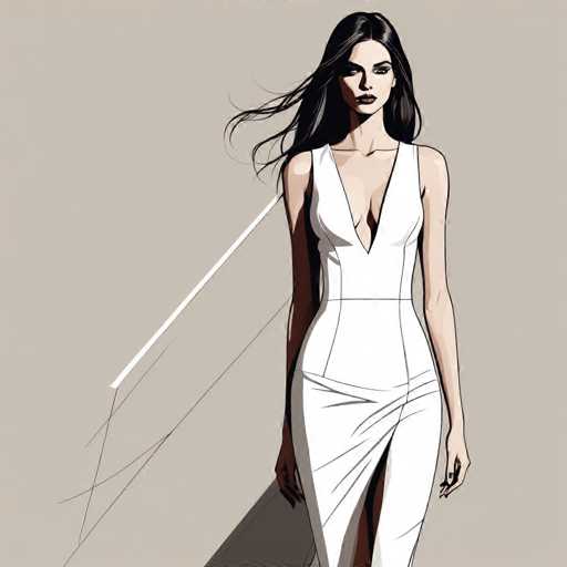 The image depicts a woman wearing a white dress with a plunging neckline and a slit on the side of her skirt. The background is a light beige color that contrasts with the woman's outfit. The woman appears to be standing in front of a window or door, suggesting an indoor setting.