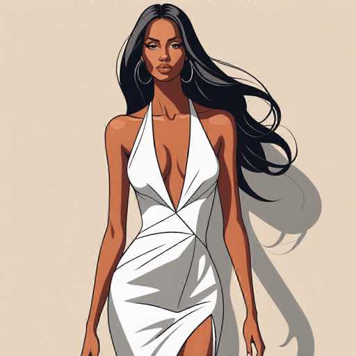 The image depicts a woman wearing a white dress with a deep V-neckline and a slit on the side of her dress. She is standing against a beige background, which contrasts with her outfit. The woman's hair is styled in loose waves, adding to her overall elegant appearance.