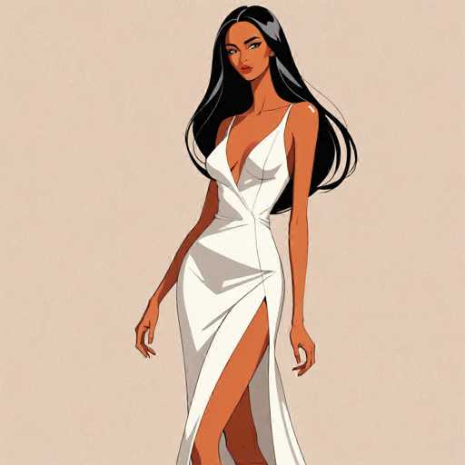 The image depicts a woman wearing a white dress with a deep V-neck and split skirt. The background is a light beige color that contrasts with the woman's attire. She stands confidently against this backdrop, her gaze directed towards the camera.
