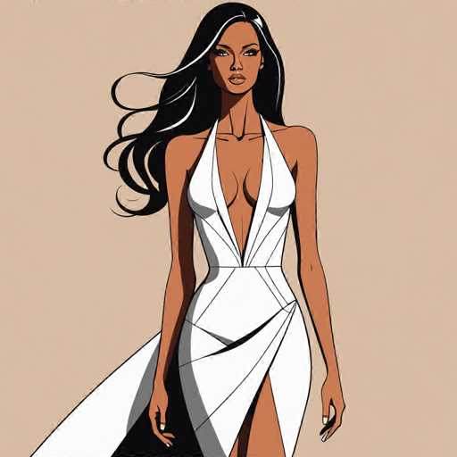 The image depicts a woman wearing a white dress with a halter neckline and skirt. The woman has long dark hair that falls over her shoulders, adding an elegant touch to the overall look. She is standing against a beige background, which contrasts nicely with her attire.