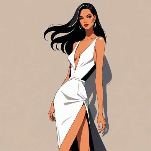 The image depicts a woman wearing a white dress with a deep V-neck and a high slit on the side of her skirt. She is standing against a beige background, which contrasts with her outfit. The woman's hair is styled in loose waves, adding to her elegant appearance.