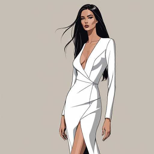 The image depicts a woman wearing a white dress with a high neckline and long sleeves. The dress has a split waist design that accentuates the figure of the model. The background is a light beige color, providing a neutral backdrop for the woman's attire.