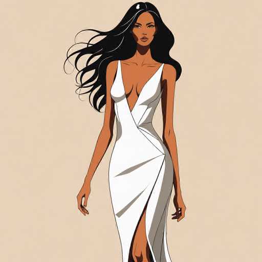 The image depicts a woman wearing a white dress with a deep V-neck and a slit on the side of her dress. The background is a light beige color that contrasts with the woman's outfit.