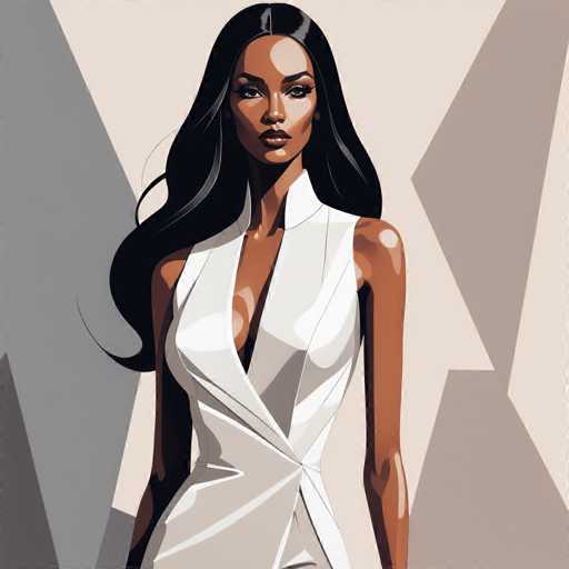 The image depicts a woman with long dark hair wearing a white dress and standing against a light beige background. The woman is facing the camera directly, giving a clear view of her face and upper body. There are no other objects or people in the image, making it a simple yet striking portrait.