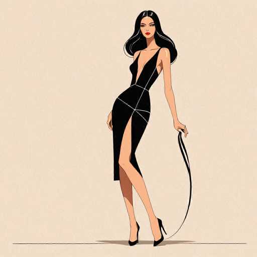 The image depicts a woman wearing a black dress with a plunging neckline and high slit on the left side of her body. She is holding a black leash in her right hand while standing against a beige background. The woman's pose suggests she might be posing for a portrait or photograph, as indicated by her direct gaze towards the camera.
