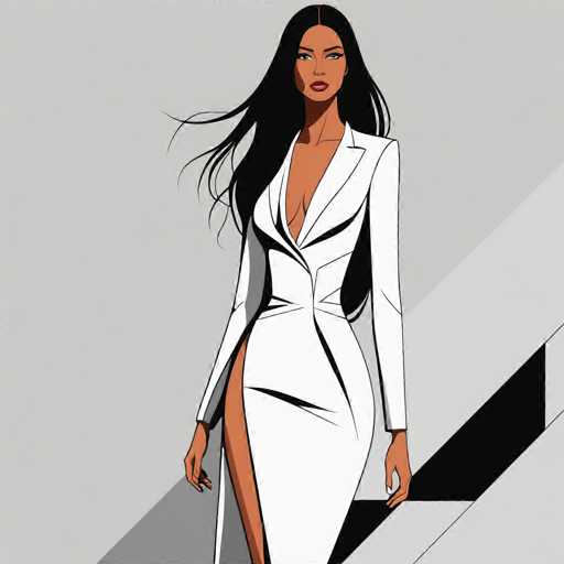 The image depicts a woman wearing a white dress with a high slit on the side and holding a cane. The background is a simple gray color, which contrasts with the woman's attire.