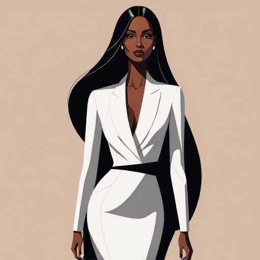 The image depicts a woman wearing a white dress and blazer against a light beige background. The woman has long dark hair styled in loose waves and is standing with her hands at her sides.